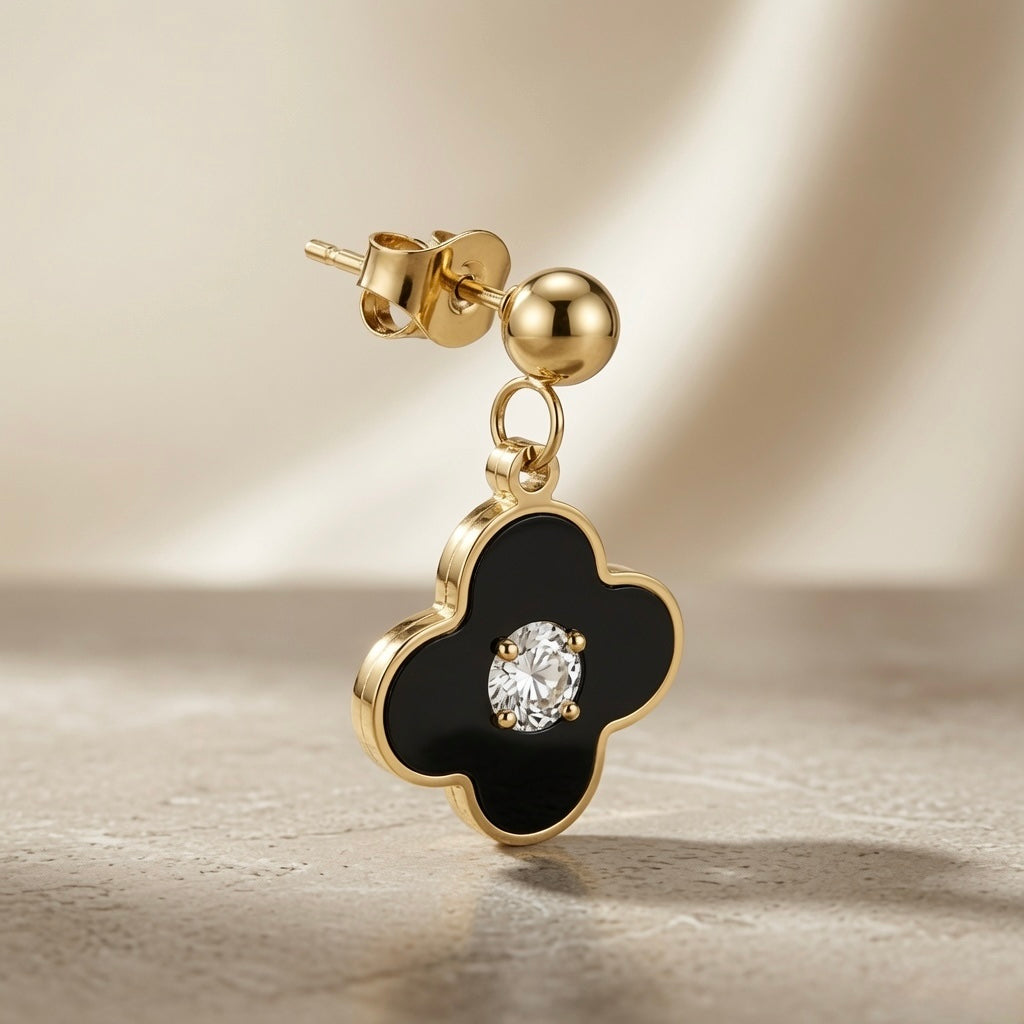 Noir Fleur Crystal Drop Earrings - single earring side profile showing jump ring link, ball stud and butterfly back