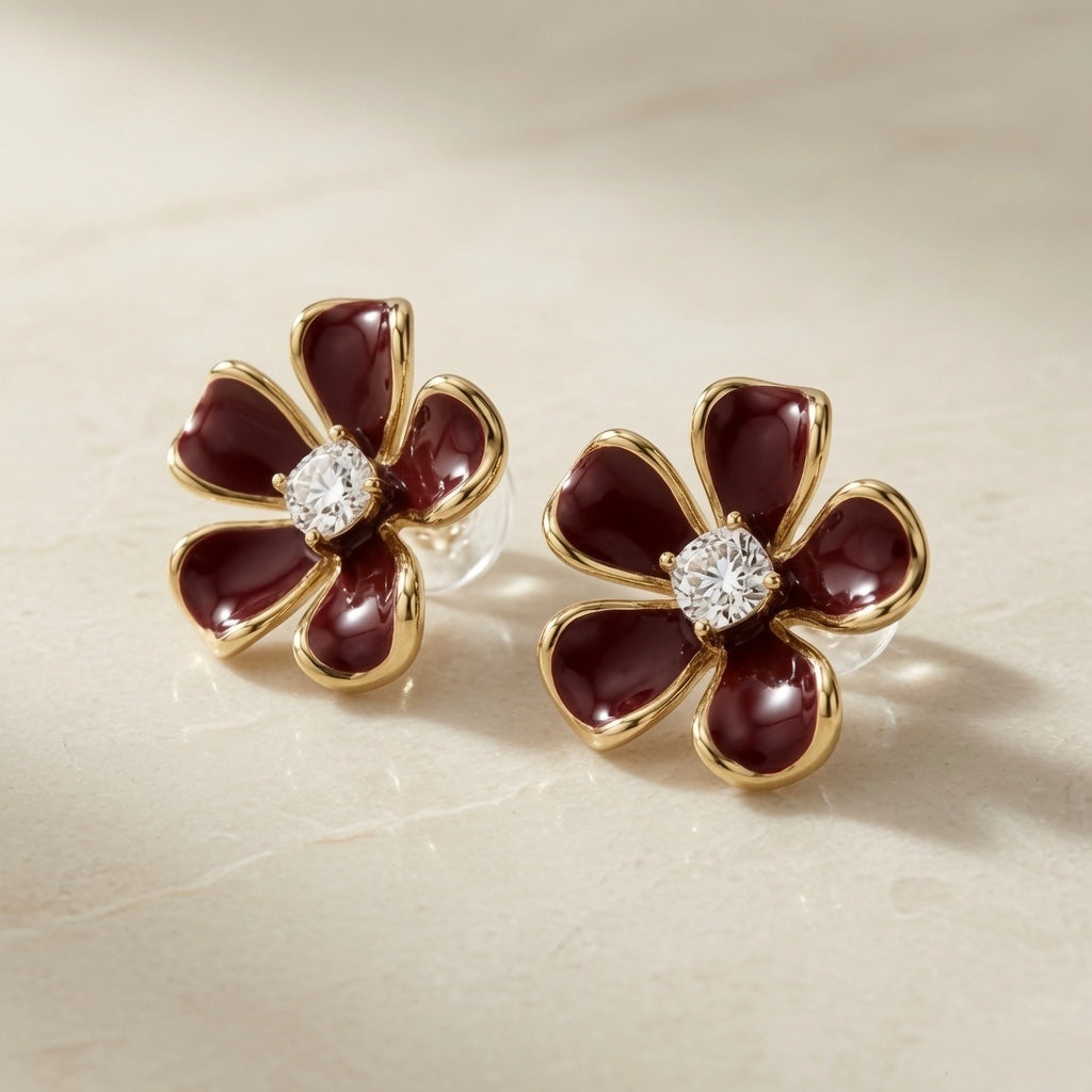 Vigne Crystal Fleur Stud Earrings - pair on marble showing round brilliant crystal centre variant and full five-petal flower profile