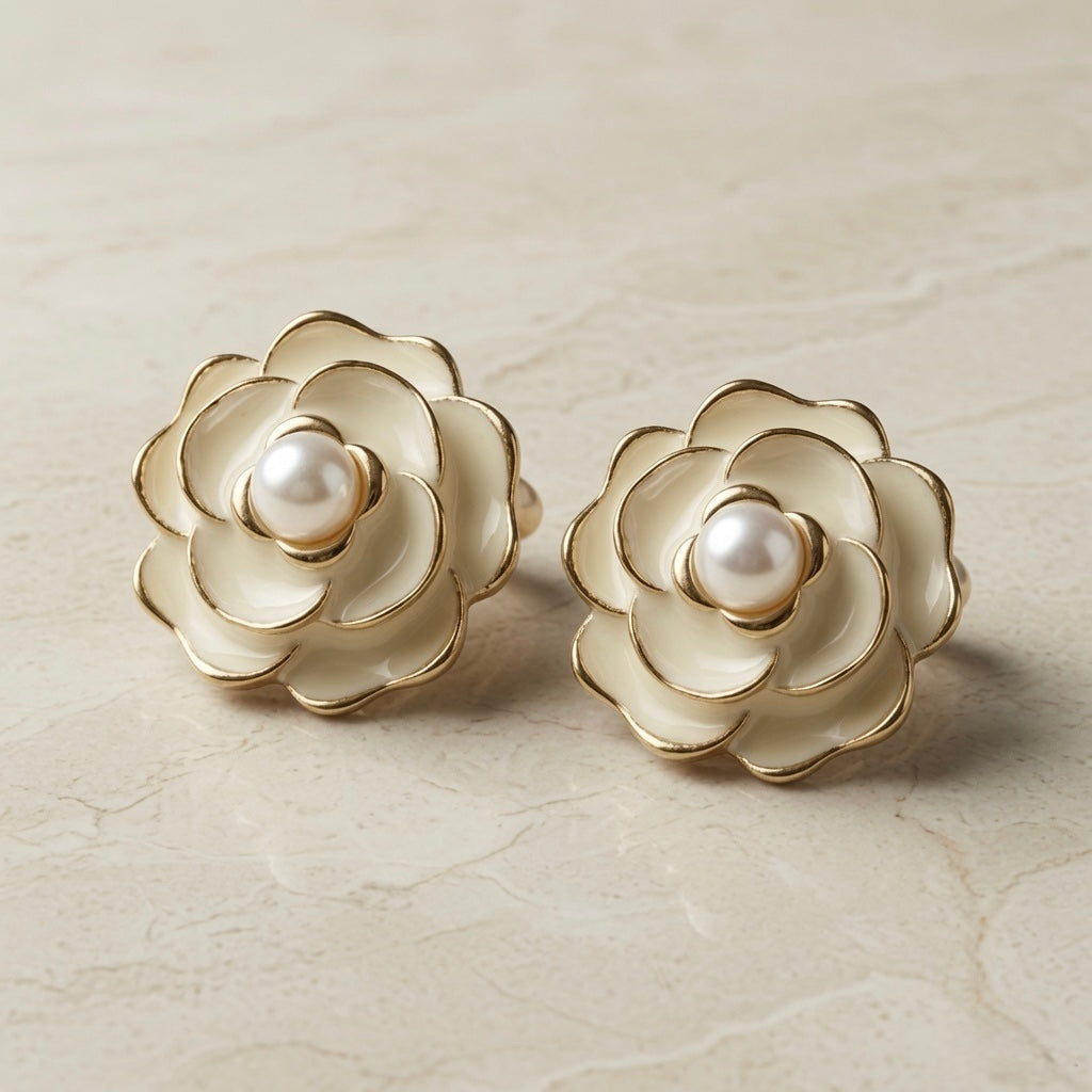 Camélia Blanc Pearl Stud Earrings - pair on marble showing ivory enamel three-tier camellia rose and freshwater pearl centre