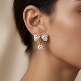 Noeud Crystal Bow Drop Earrings - worn on model ear showing heart bow at lobe and round brilliant drop below jaw