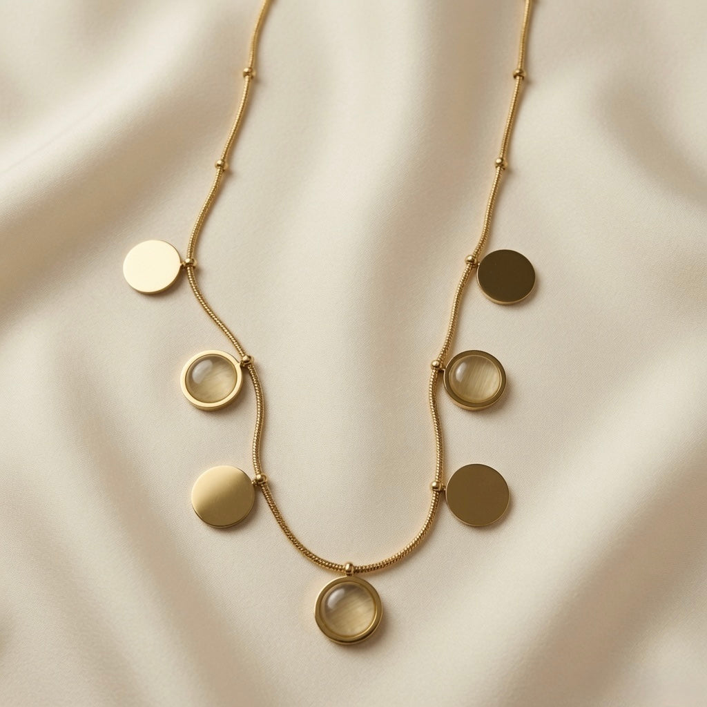 Sept Lunes Disc Station Necklace - close-up flat lay on ivory silk showing alternating gold solid discs and moonstone cabochon circles on satellite ball chain