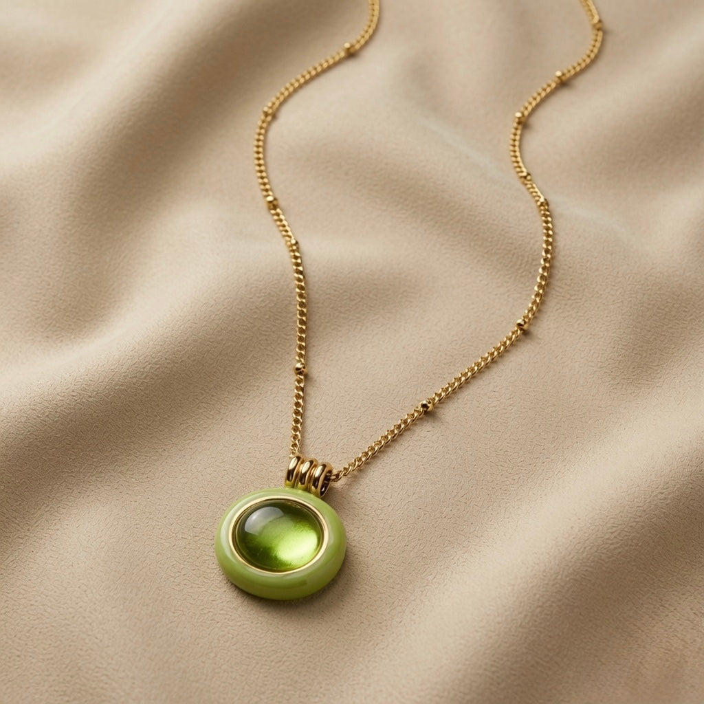 Pistache Cabochon Pendant Necklace - full necklace on silk showing satellite ball chain, lobster clasp extender and pendant drop length