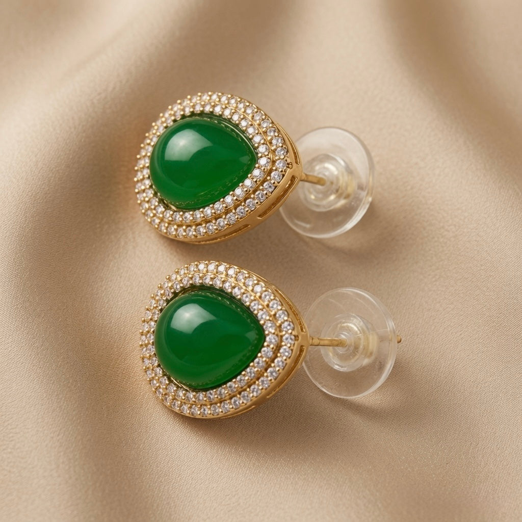 Impériale Jade Pavé Earrings - pair back view on ivory silk showing silicone butterfly push-back fastening and gold post construction