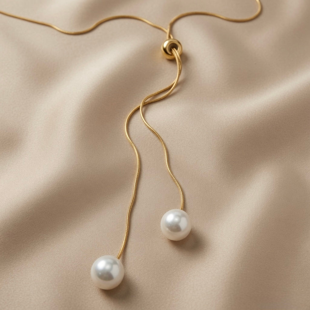 Perle Bolo Lariat Necklace - close-up on ivory silk showing gold ball slider, two snake chain tails and two freshwater pearl drops