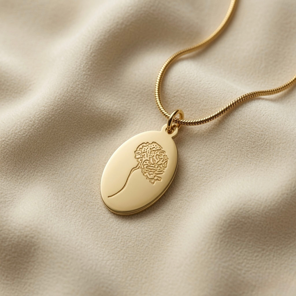 Fleur Gravée Oval Medallion Necklace - macro close-up on ivory silk showing fine-line ranunculus botanical engraving detail on matte gold oval medallion