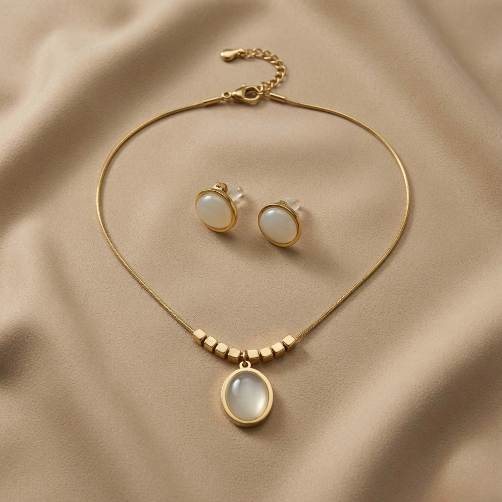 Lune Blanche Cabochon Jewellery Set - full flat lay on taupe silk showing complete snake chain with lobster clasp extender, gold cube bead row, oval pendant and round stud earrings with butterfly push-backs