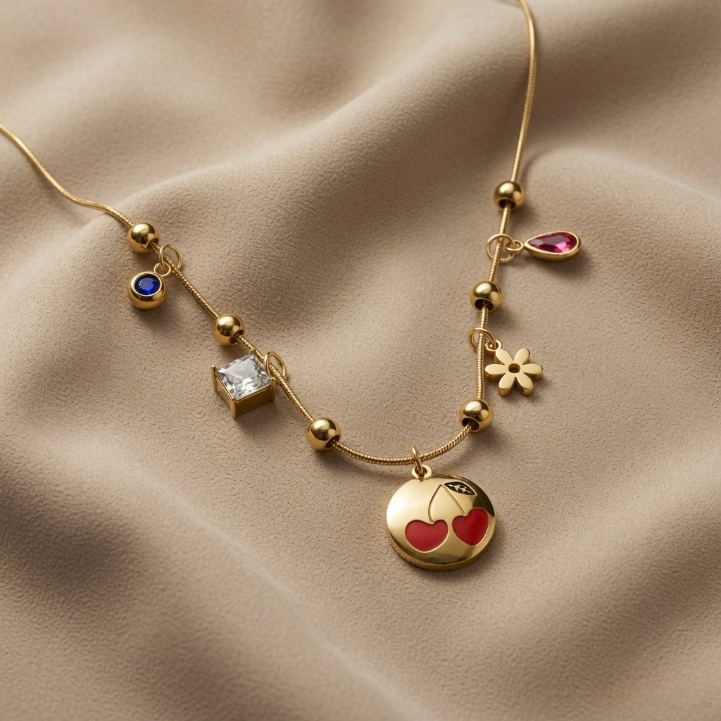 Cerise Charm Station Necklace - macro flat lay on taupe silk showing all five charms in detail: cherry medallion with red enamel hearts, gold daisy, ruby pear drop, princess crystal and sapphire blue round