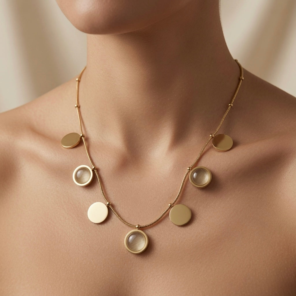 Sept Lunes Disc Station Necklace - worn on mannequin collarbone showing seven alternating gold disc and moonstone circle pendants fanning across chest in celestial arc composition