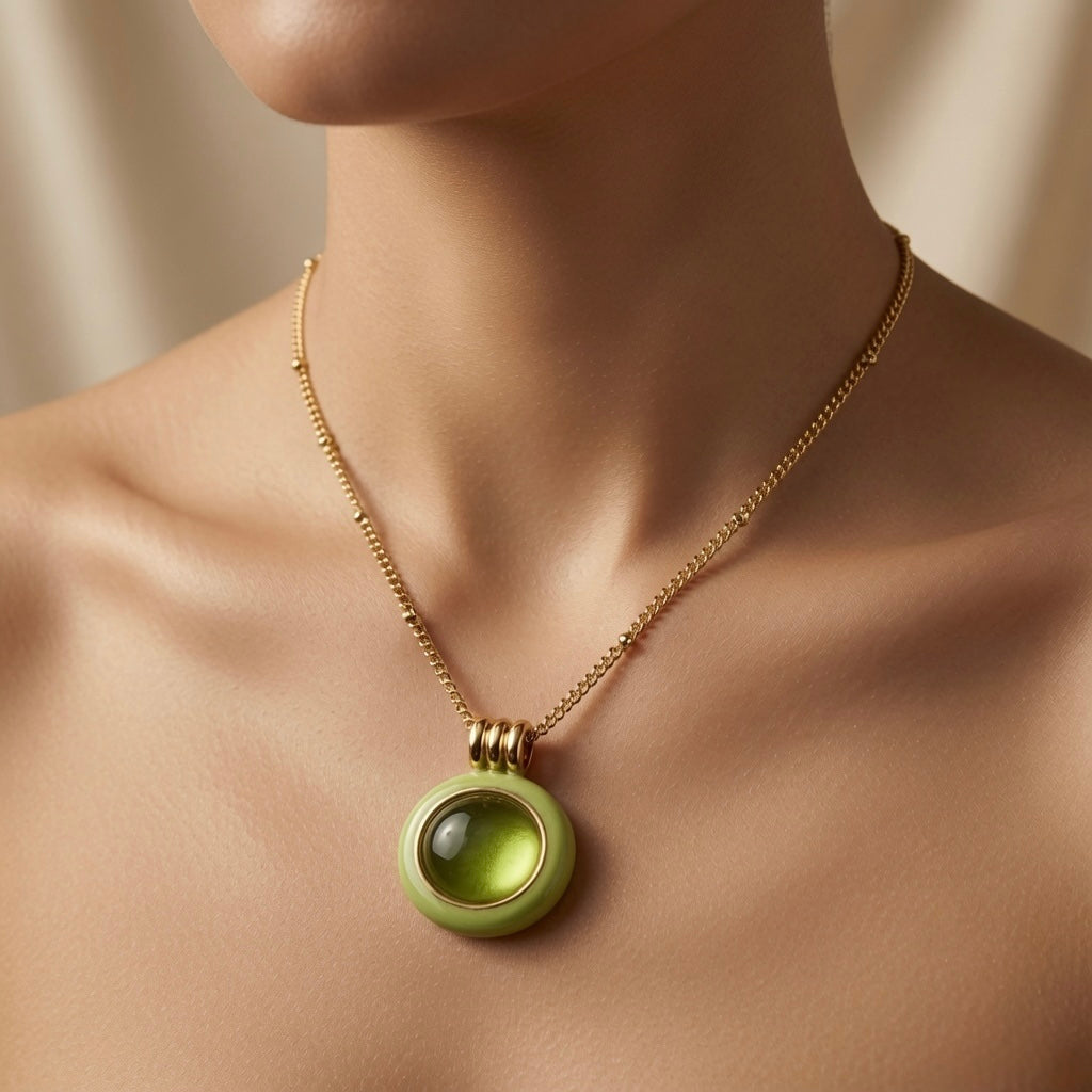 Pistache Cabochon Pendant Necklace - worn on model collarbone showing pendant at throat length, pistachio green and gold against skin