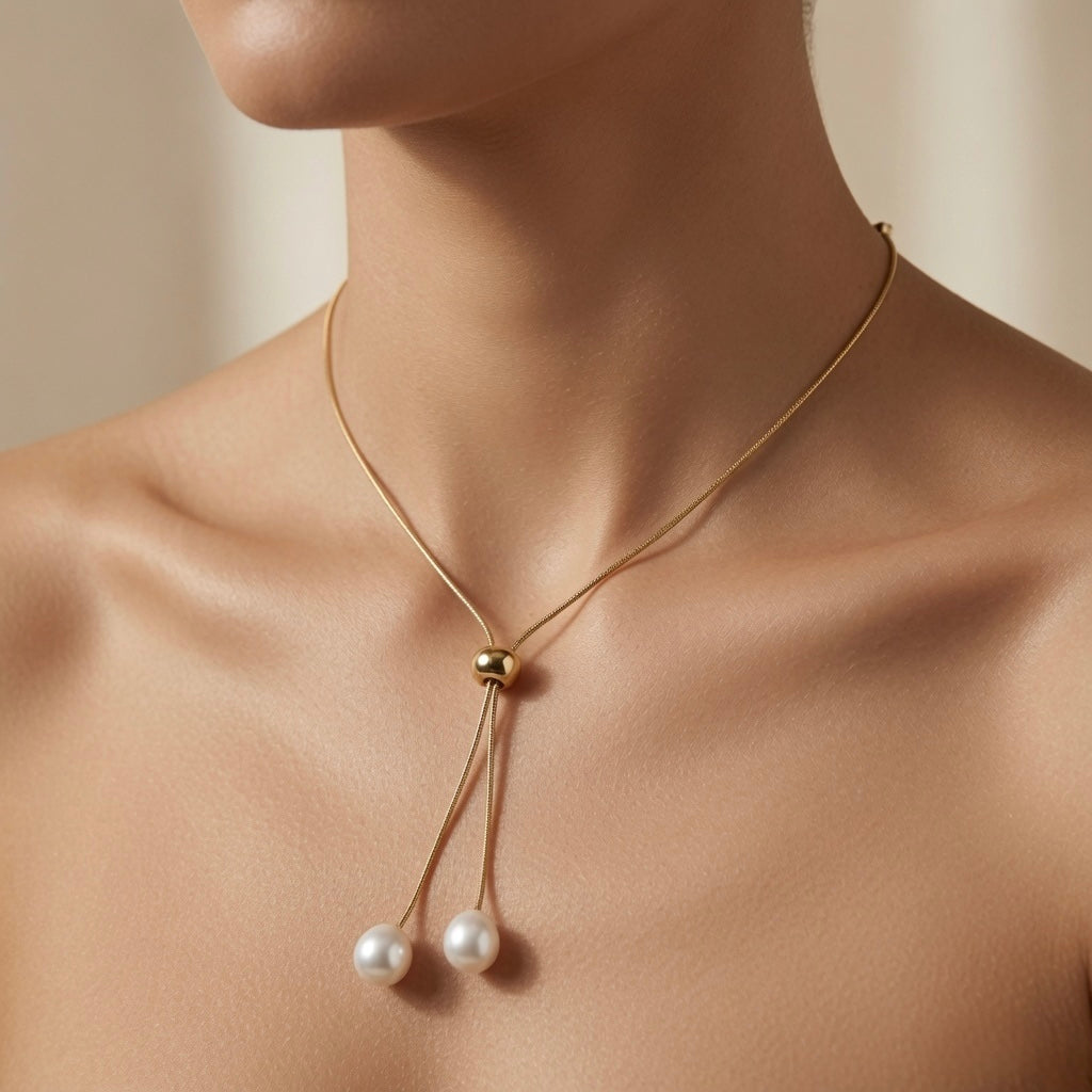 Perle Bolo Lariat Necklace - worn on model collarbone and sternum showing gold bolo bead at collarbone, two pearl drops at sternum and snake chain framing neck
