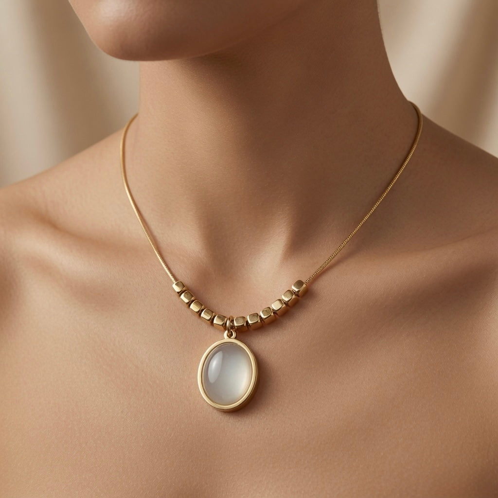 Lune Blanche Cabochon Necklace - worn on mannequin collarbone showing white moonstone oval pendant at chest centre, gold cube bead row and flat snake chain against skin
