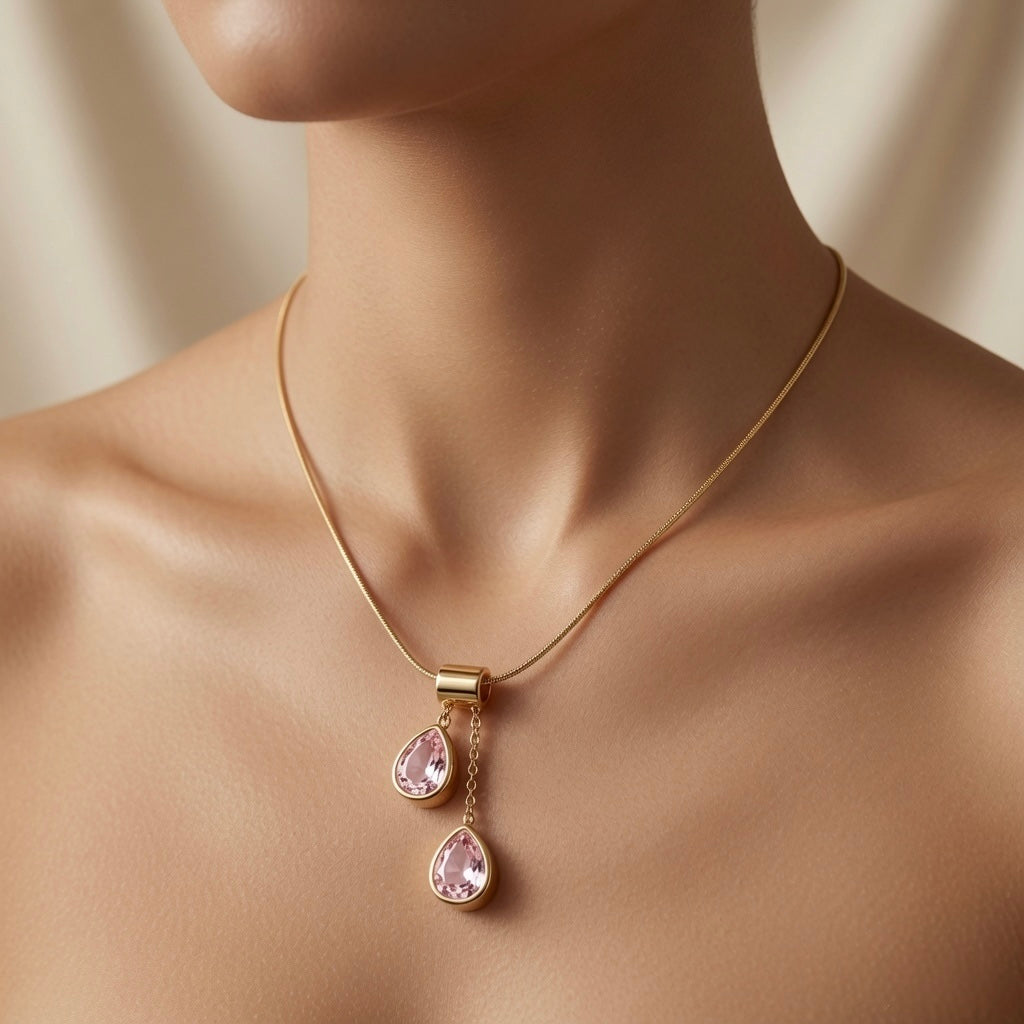 Duo Larme Rose Asymmetric Pendant Necklace - worn on mannequin collarbone showing upper blush rose pear at collarbone and lower pear at sternum, two pink teardrops glowing against warm skin