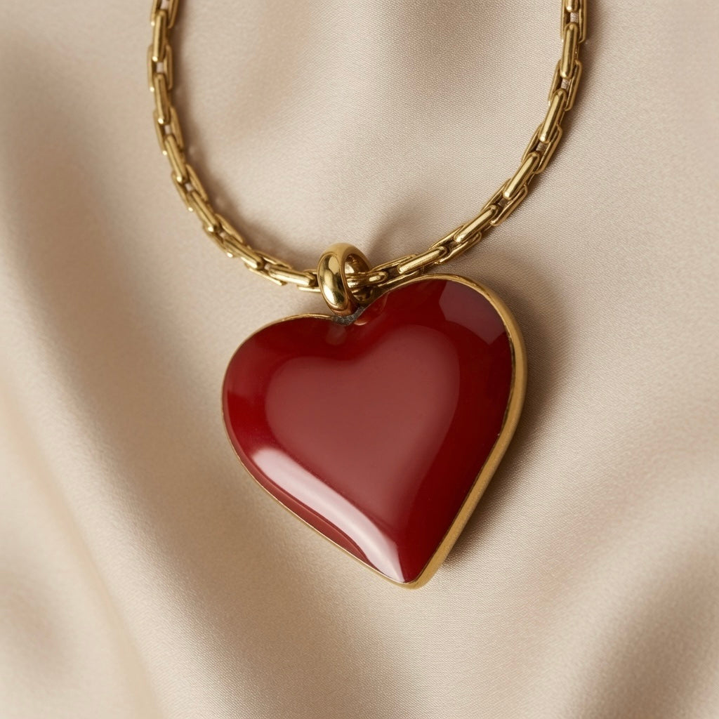 Grand Coeur Rouge Enamel Heart Pendant Necklace - macro close-up on ivory silk showing large three-dimensional puffy heart in deep burgundy-red high-gloss enamel, continuous gold bezel following every curve of heart form, smooth gold bail and box chain detail
