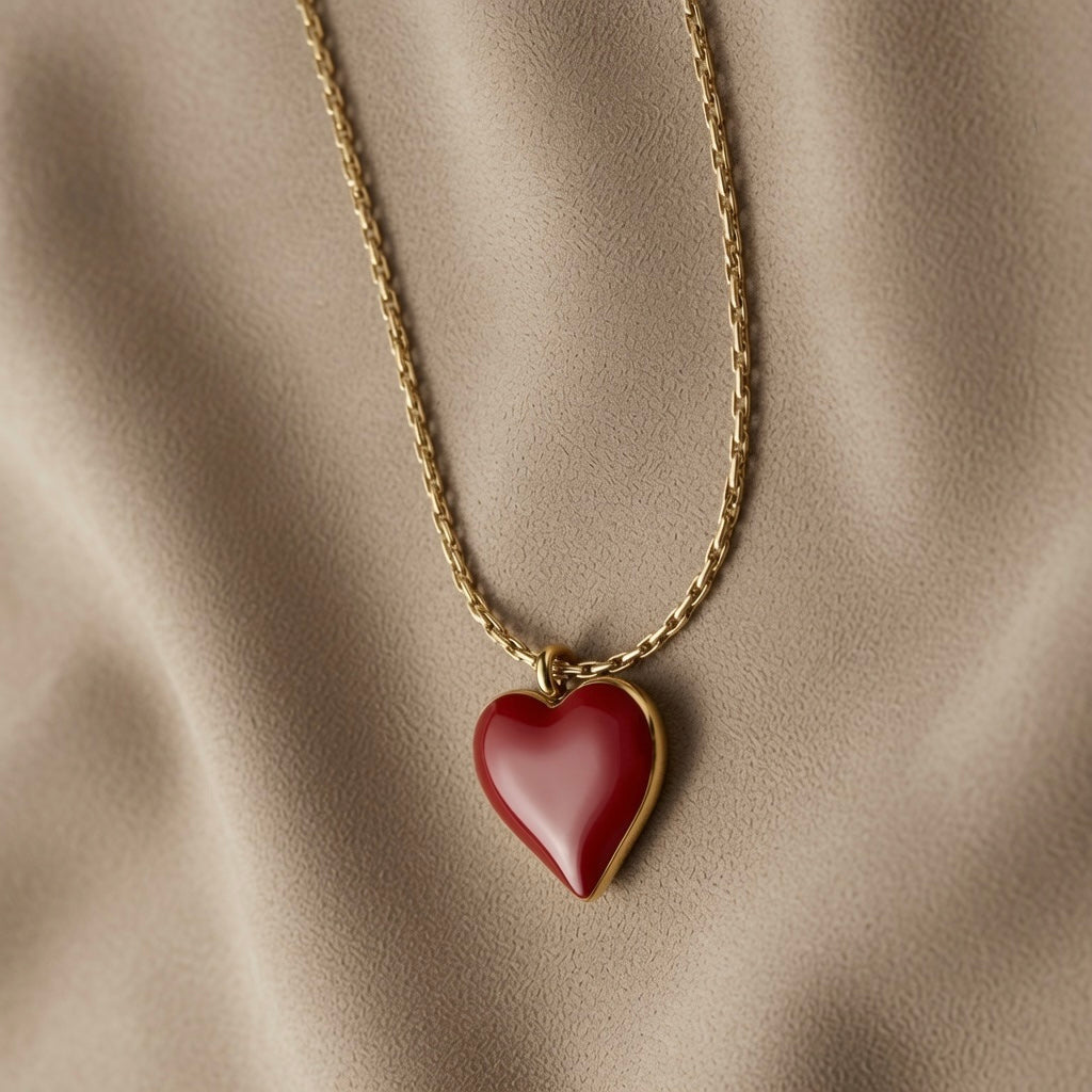 Grand Coeur Rouge Enamel Heart Pendant Necklace - close-up flat lay on taupe silk showing large burgundy-red glossy enamel puffy heart pendant in gold bezel on box chain, high-gloss lacquer surface and warm gold frame detail visible