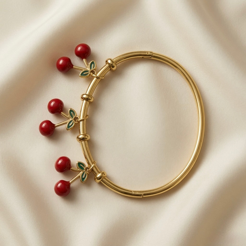 Cerise Charm Drop Tube Bangle - full flat lay on ivory silk showing complete smooth gold tube bangle with three cherry charm drops hanging from gold ring stations on front arc: each charm a pair of deep burgundy-red round beads on gold Y-fork stem with four-leaf green enamel leaf cluster at top, hinge clasp visible at back