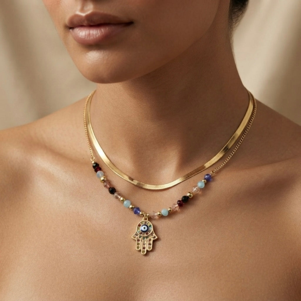 Hamsa Gemstone Layer Necklace Set