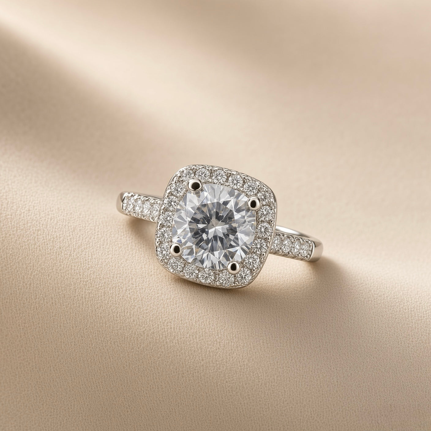 Round Cut Diamond Halo Engagement Ring – Silver