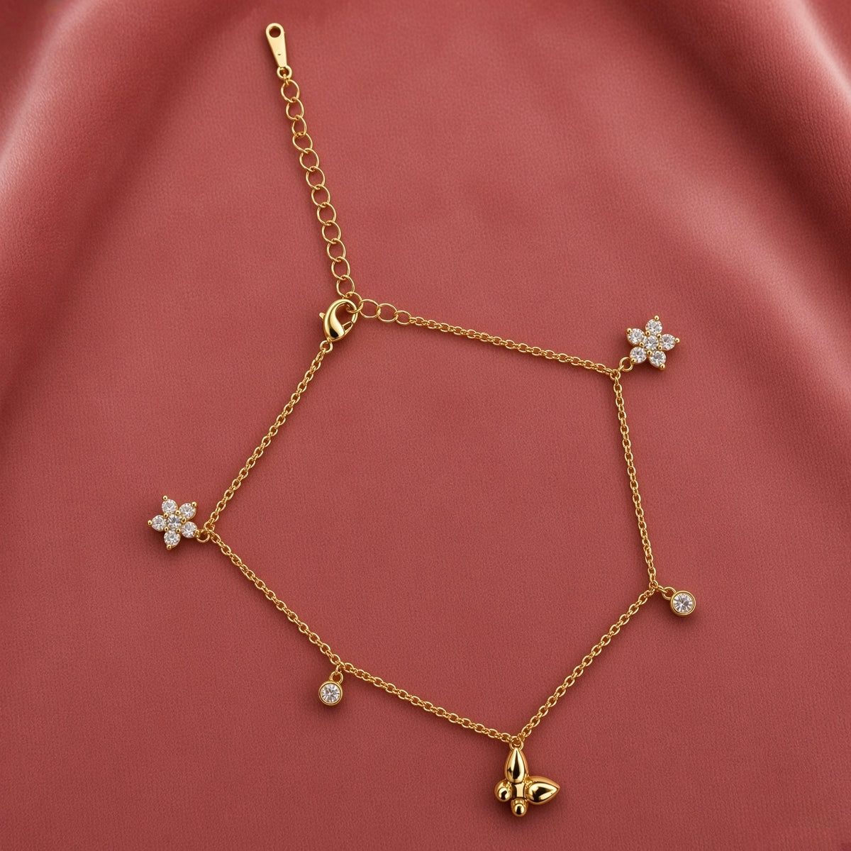 Flora Charm Anklet – Gold-Tone CZ Flower & Fleur-de-Lis