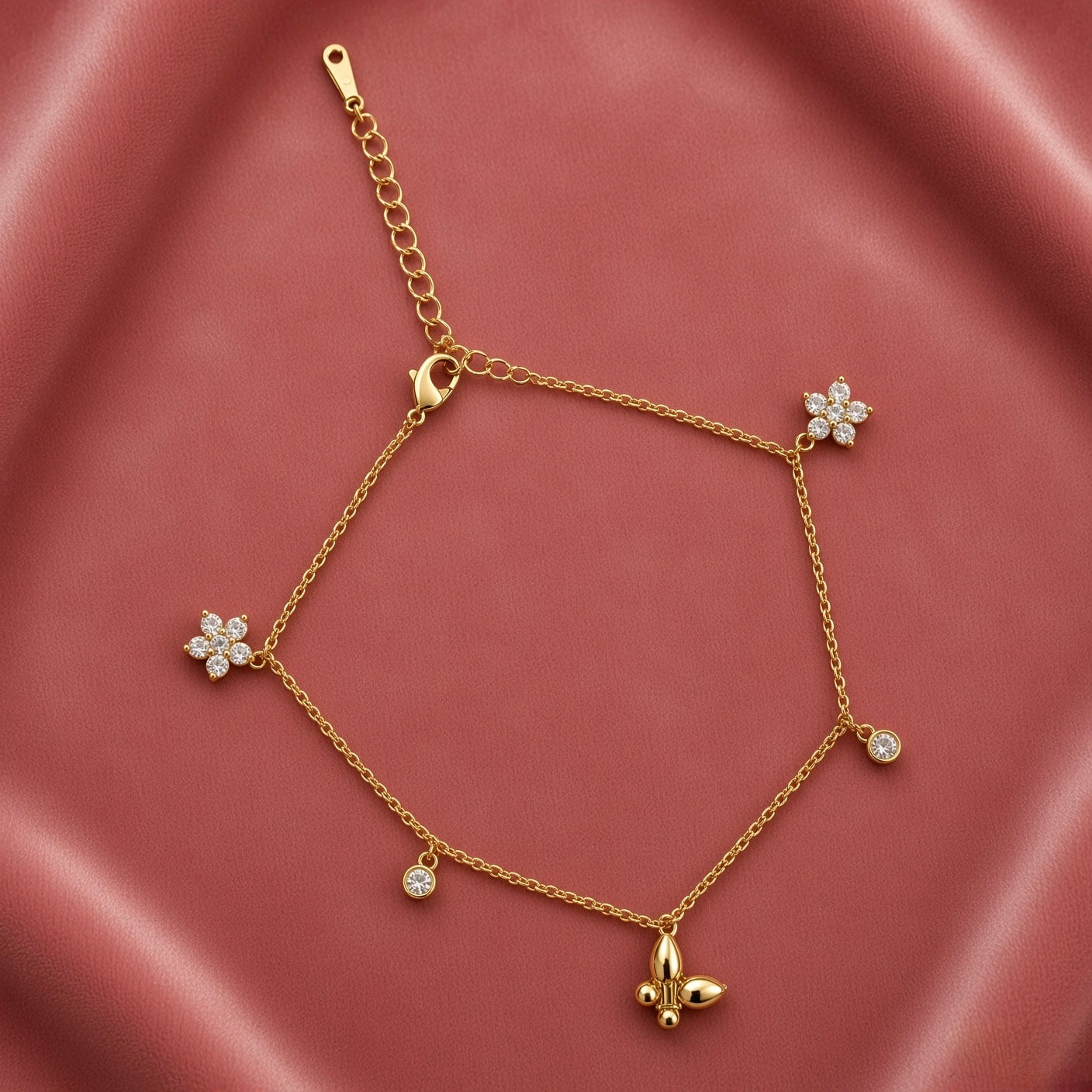 Flora Charm Anklet – Gold-Tone CZ Flower & Fleur-de-Lis
