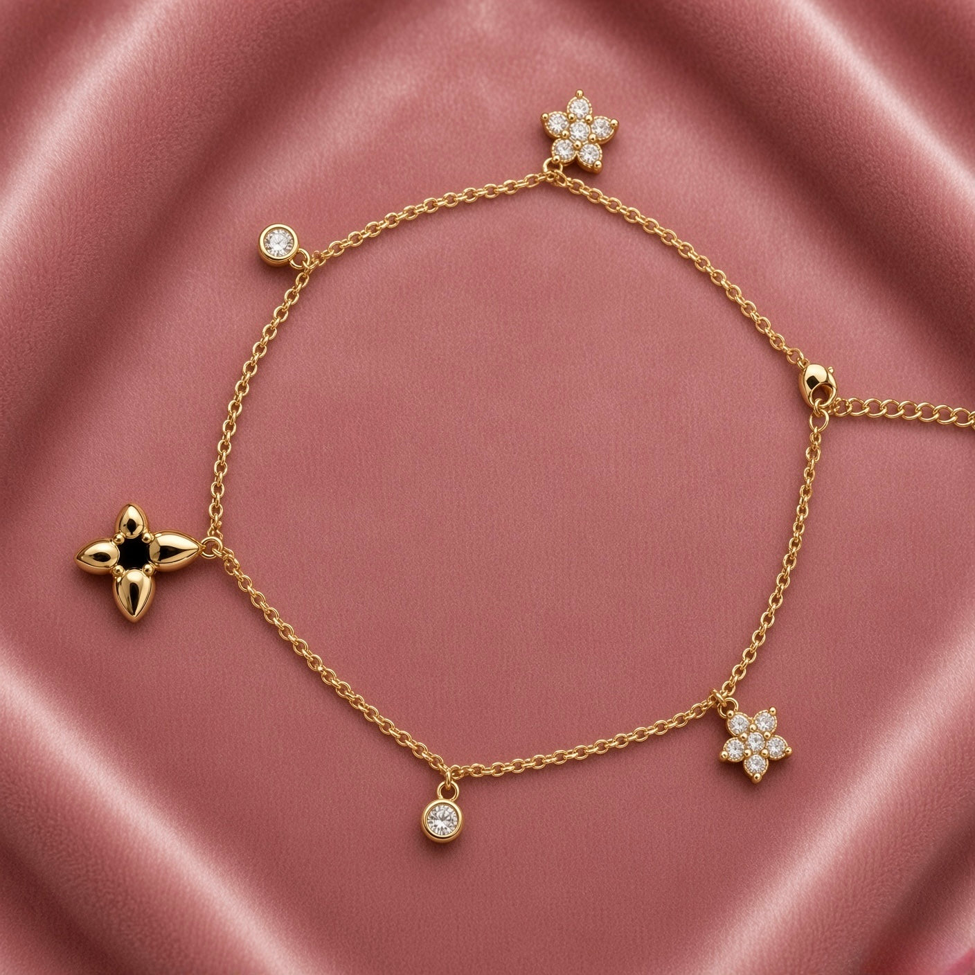 Flora Charm Anklet – Gold-Tone CZ Flower & Fleur-de-Lis