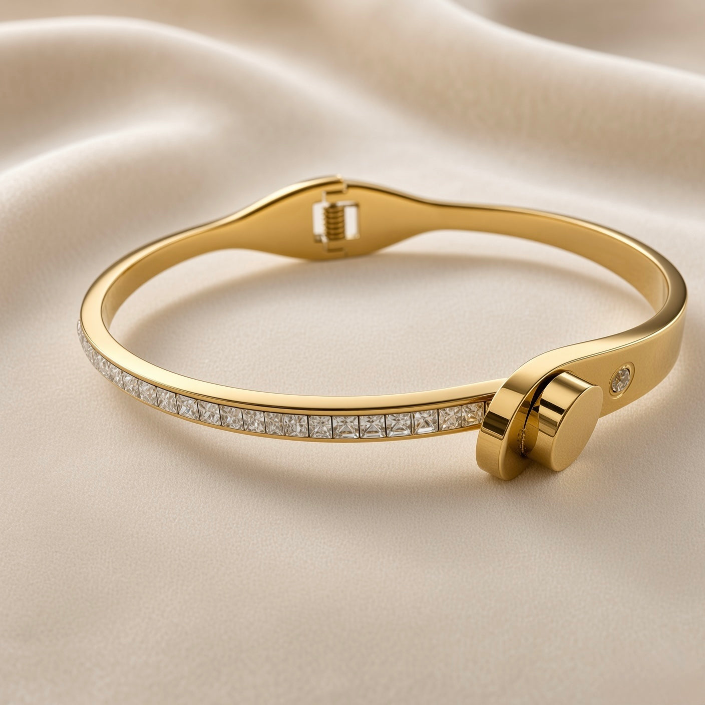 Side view of gold-tone bangle bracelet with clear crystal-style details and structured clasp