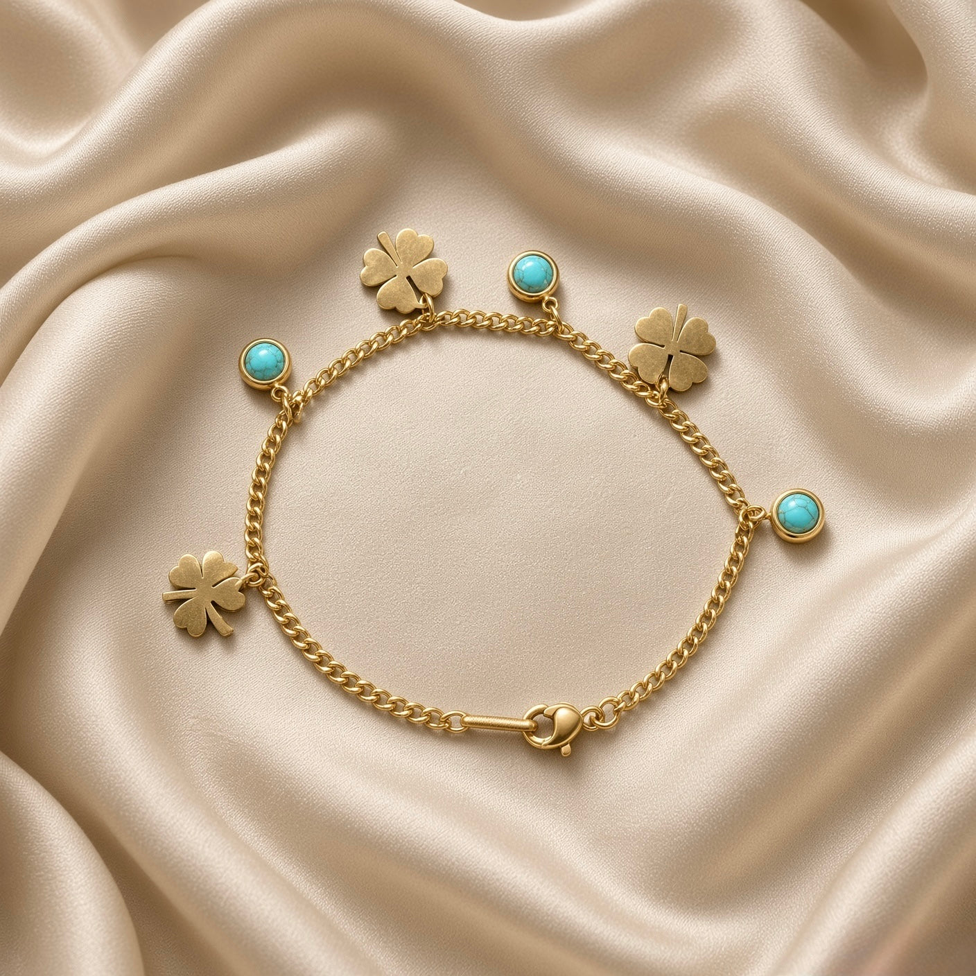 Gold Clover and Turquoise Charm Bracelet Curb Chain - circular flat lay on cream satin: bold gold curb chain with six alternating dangle charms — three flat mirror-polish gold four-leaf clover charms and three round turquoise cabochon bezel charms, lobster clasp with connector bar at bottom