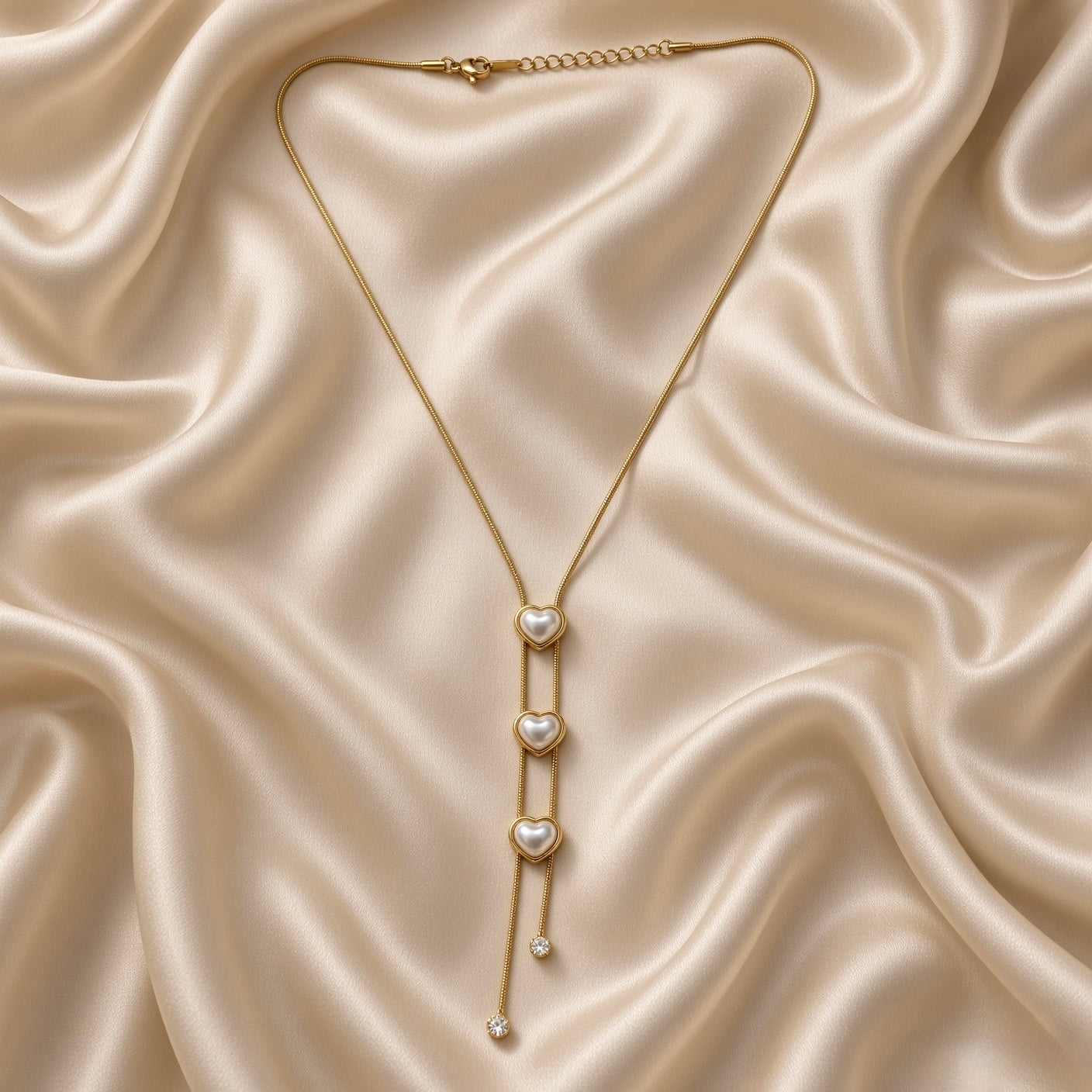 Pearl Heart Lariat Necklace Triple Station Crystal Drop Gold - full flat lay on cream satin: complete lariat Y-necklace showing fine box chain meeting at V-point, three white-cream pearl heart bezel stations descending on double-strand tassel drop, two round crystal bezel terminators at base, lobster clasp with curb extender chain at top