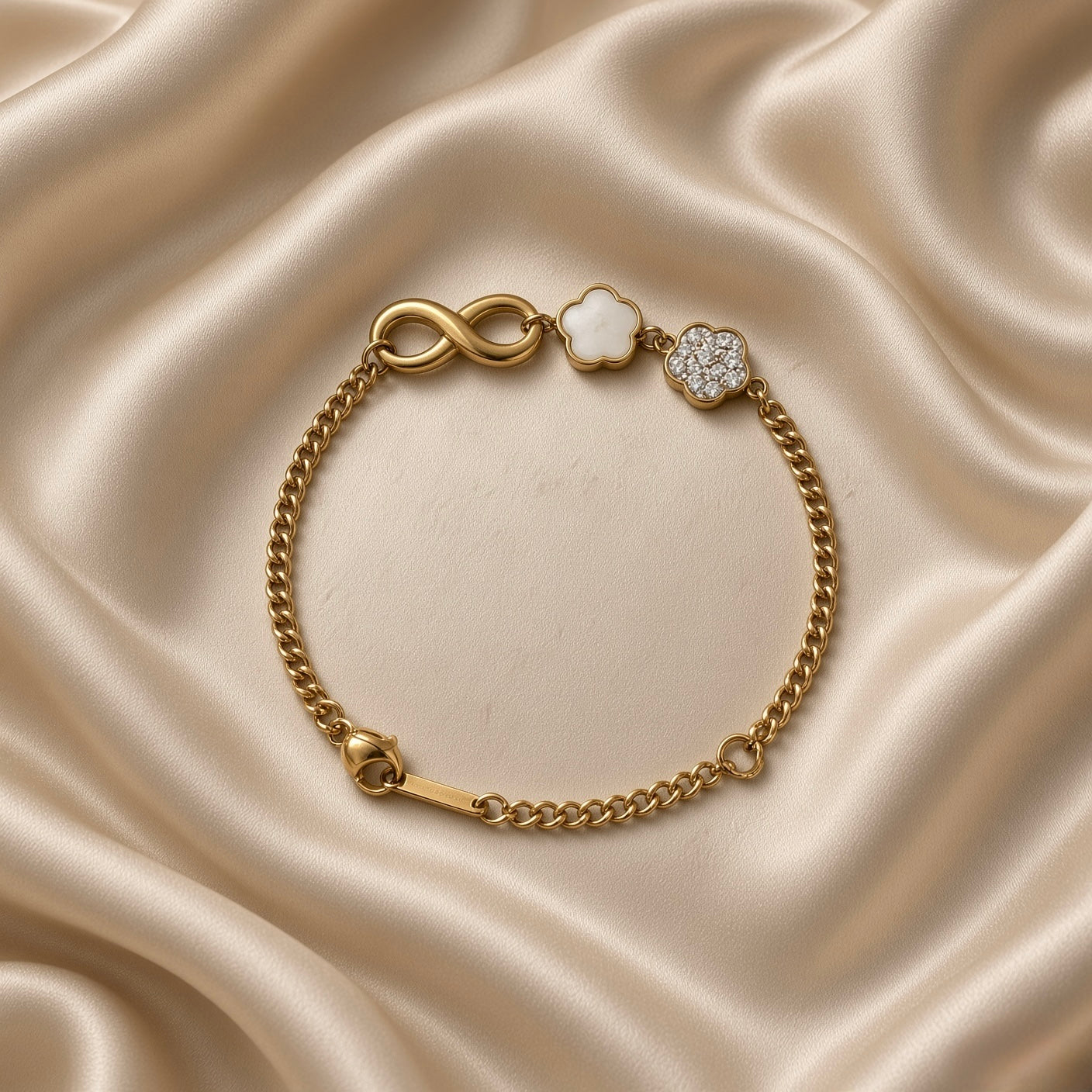 Gold Infinity Clover and Crystal Flower Charm Bracelet Curb Chain