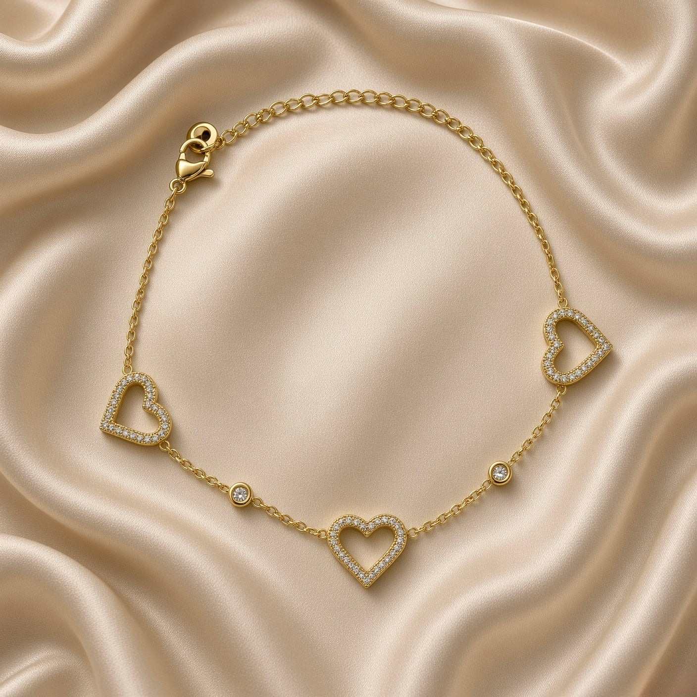 Gold Open Pavé Heart Charm Bracelet Bezel Crystal Station Chain - full length flat lay on cream satin: complete bracelet extended showing lobster clasp, extension chain, three open pavé heart charms, two round bezel white crystal stations, fine warm 18K gold cable link chain throughout, cream satin background
