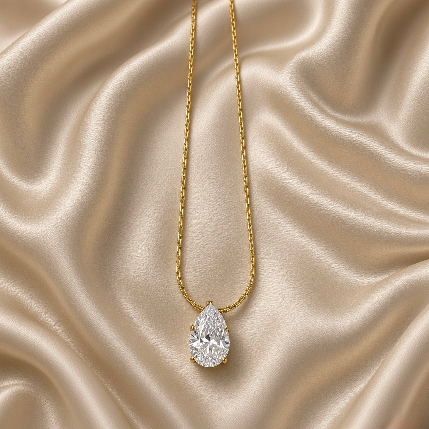 Gold Pear Cut Crystal Solitaire Pendant Necklace Three Claw Fine Cable Chain