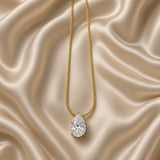 Gold Pear Cut Crystal Solitaire Pendant Necklace Three Claw Fine Cable Chain