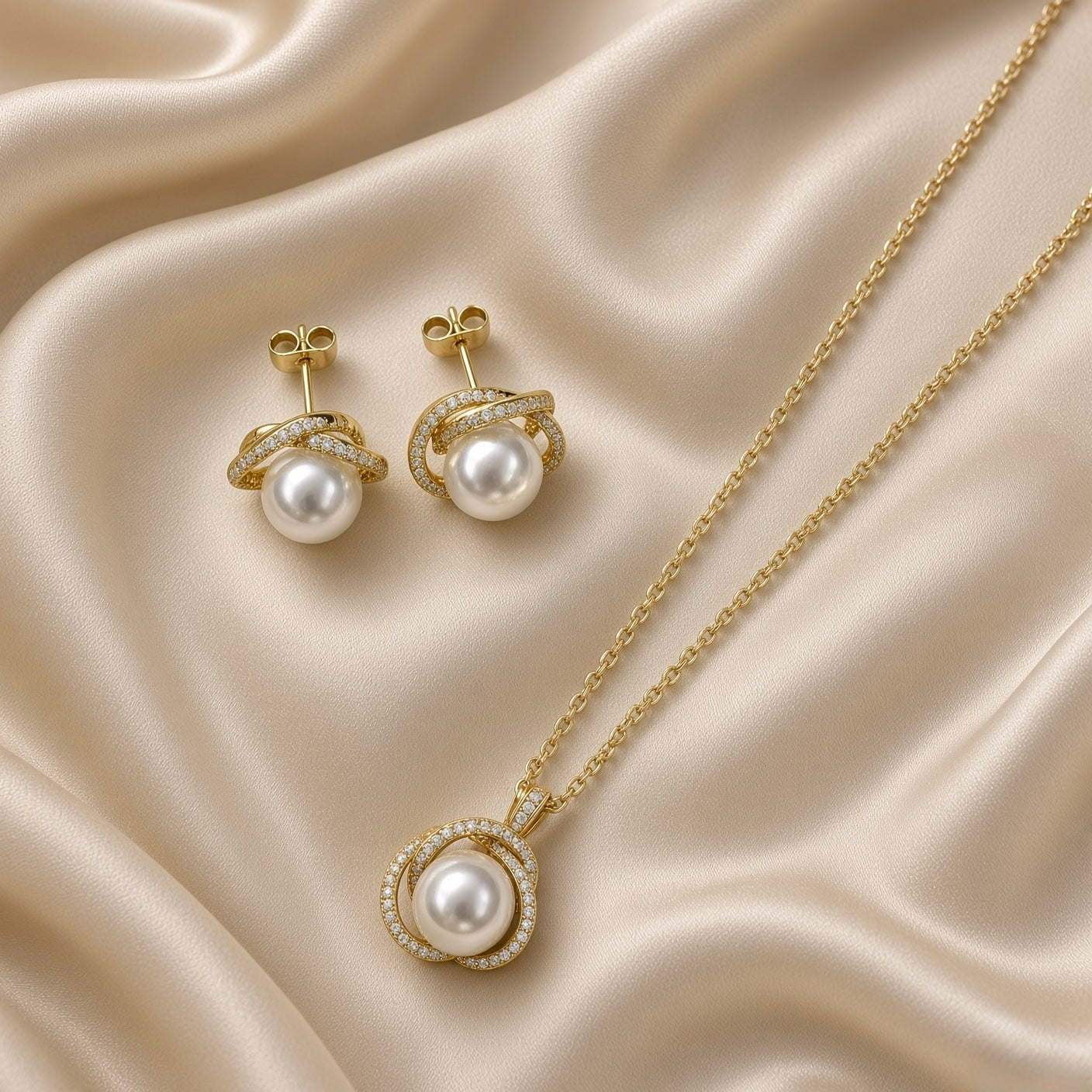 Gold Pearl Jewellery Set Pavé Crystal Interlocking Ring Pendant Necklace Stud Earrings - pendant necklace hero detail on cream satin: large round white simulated pearl cradled in warm 18K gold interlocking two-band frame of smooth gold band and micro-pavé round brilliant white crystal band in swirling orbital embrace, smooth warm gold tube bail, fine warm gold cable chain, cream satin background