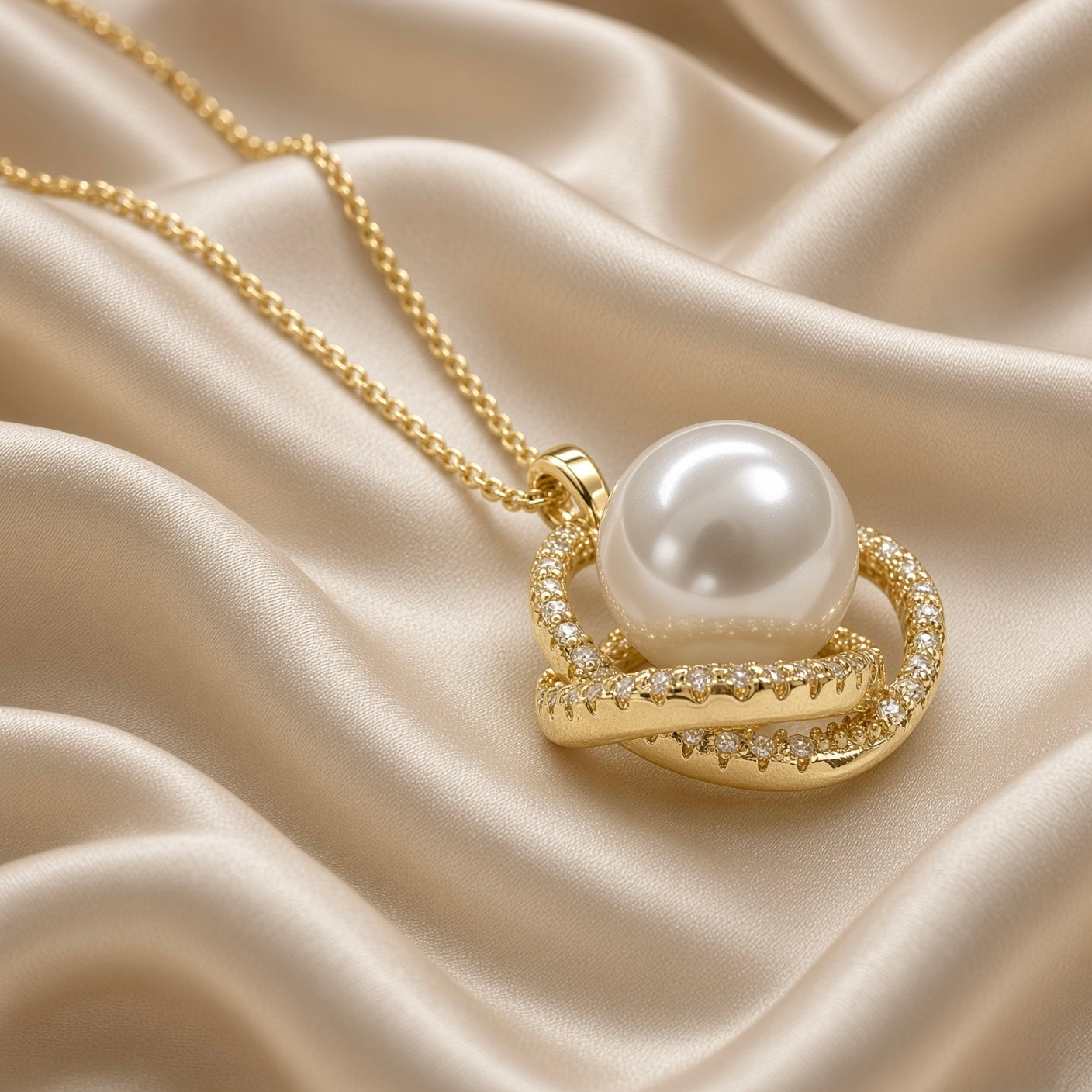 Gold Pearl Jewellery Set Pavé Crystal Interlocking Ring Pendant Necklace Stud Earrings - full set flat lay on cream satin: matching 2-piece set showing pair of pearl stud earrings at upper left with butterfly push-back posts and interlocking pavé crystal and smooth gold band frames around large round pearls, and pearl pendant necklace at lower right on fine warm gold cable chain with matching interlocking ring pearl pendant, cream satin background