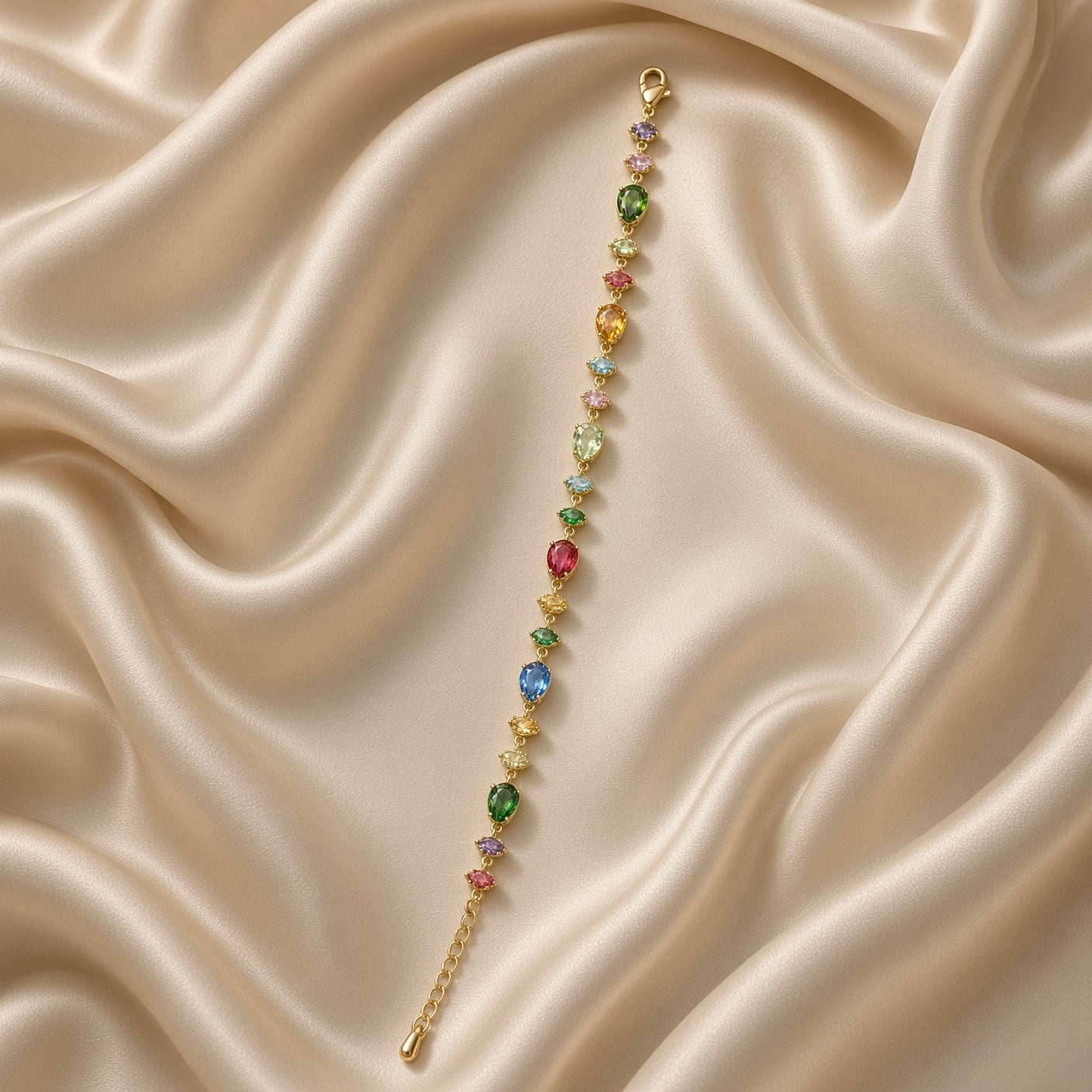Woman wearing the multicolour crystal gold-plated bracelet on her wrist