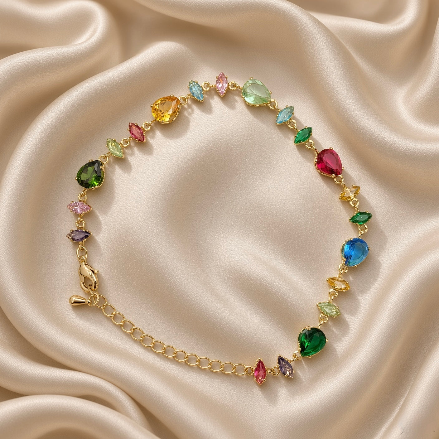 Full view of the multicolour crystal bracelet with lobster clasp and extender chain